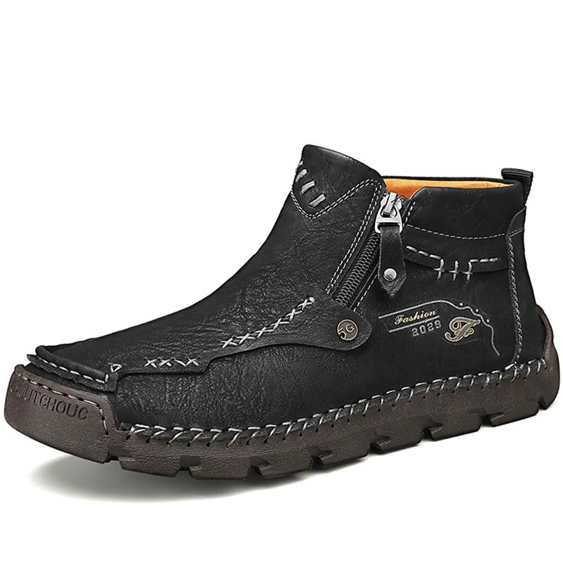 

38-48 Мужские ботинки Высокие кожаные ботинки Плюшевые уличные хлопковые ботинки Большой размер Осень/зима Плюс бархатные теплые Ботильоны ручной работы 38 чёрный