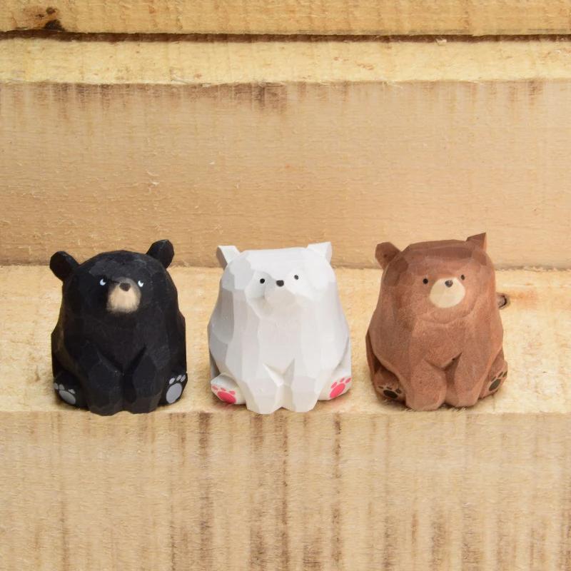 1Pcs Cute Mini Wooden Bear Miniature Solid Wood Hand Carved Bear Figurines Polar Bear Crafts Ornaments Tabel Decorate Kids Gifts