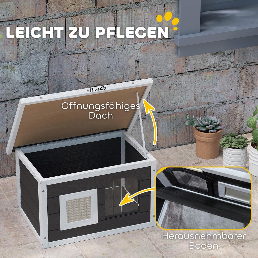 Cat House, Retreat for Cats and Rabbits, Wooden House with Scratching Mat, Door Flap, 61 x 45 x 36.5 cm, Grey