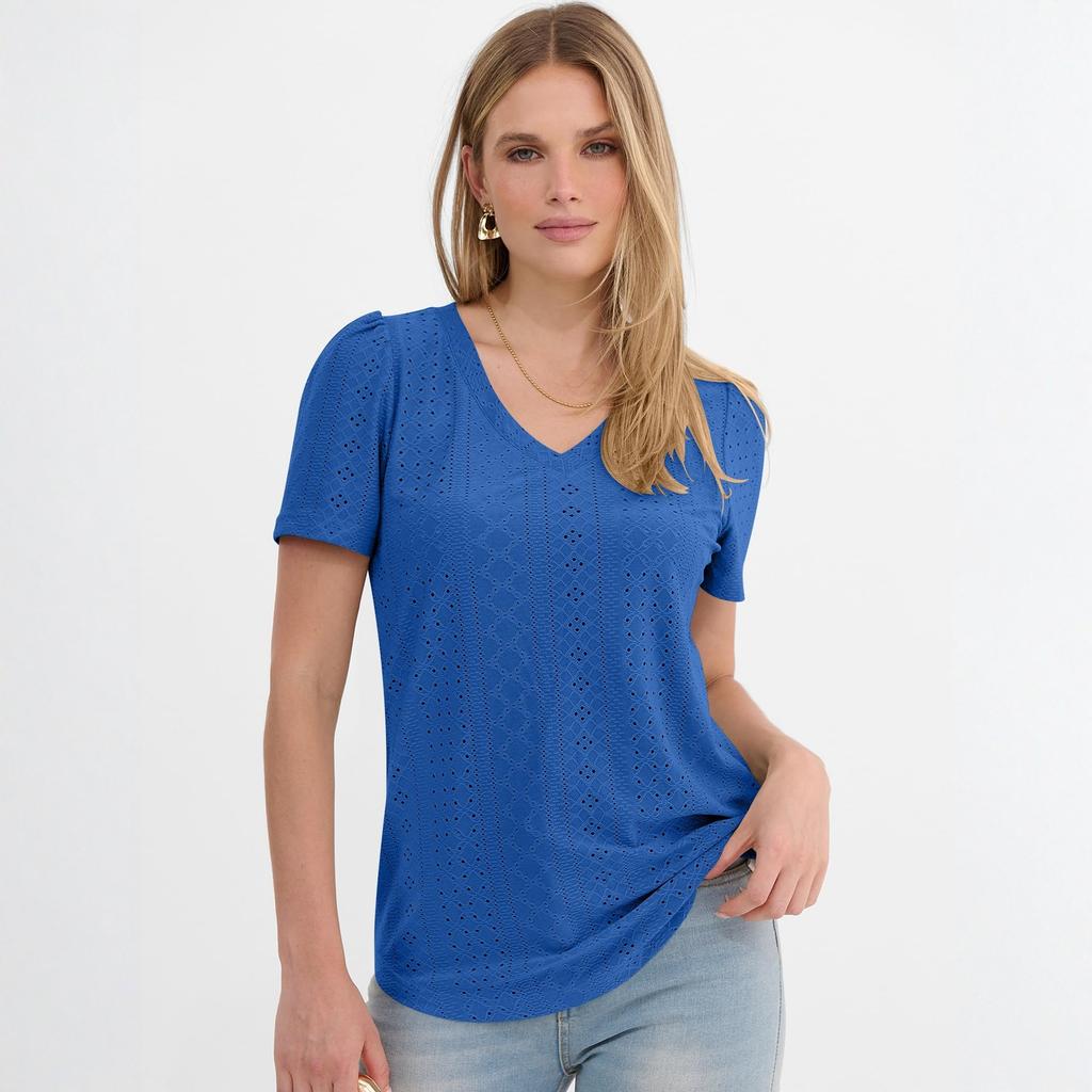 Women's Jacquarded V-neck Top T-shirt Short Sleeve Versatile Hollow Top