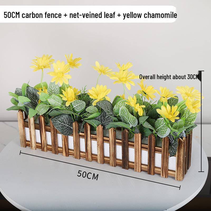 Silk Flower Pot with Wood Fence: Decorative Bonsai for Living Room or Office.