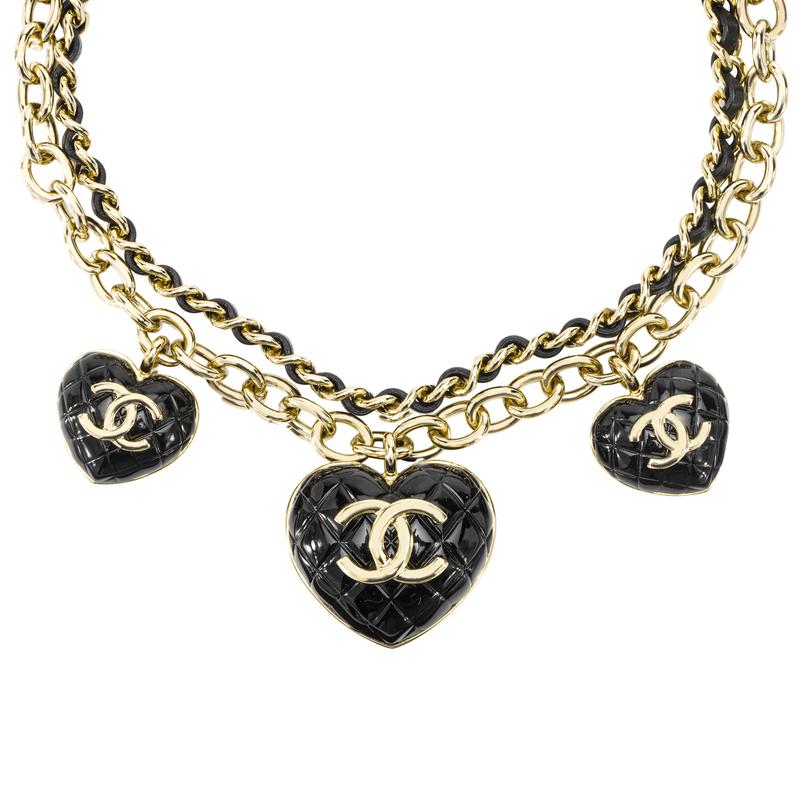 CHANEL Double C Fashion Love Double C Metal and Lambskin Necklace Women's Black