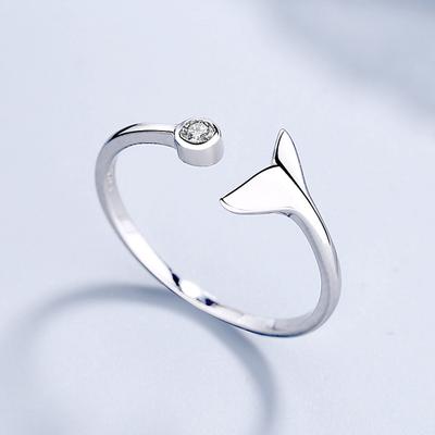 S925 Sterling Silver Mermaid Tail Ring Opening Adjustable Diamond-Studded Ring Korean Style Personality All-Match Jewelry Silver Accessories