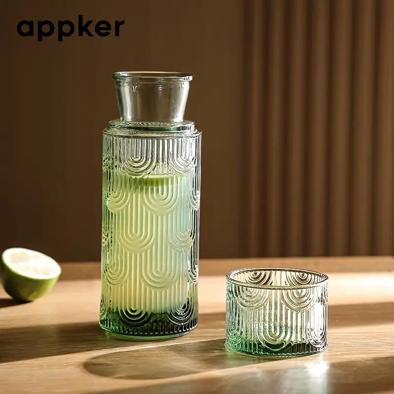 A Vintage Vertical Striped Large Capacity Glass Kettle with Cup, Suitable for Bedroom Nightstand, Study Room And Office