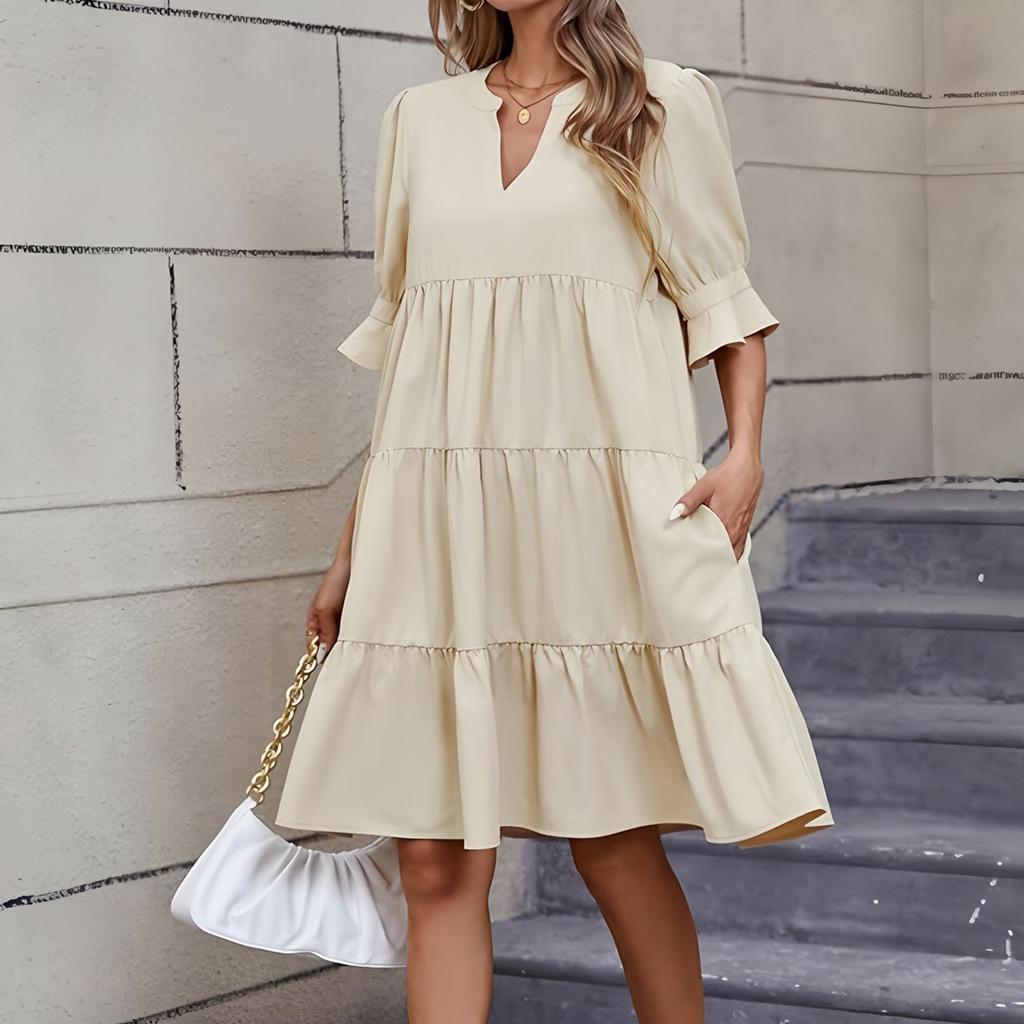 Women's Fashion Casual Slim Middle Sleeve V-Neck Ruffle Dresses