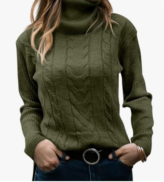 Retro Women's Fall/Winter Solid Color Turtleneck Cable Knit Pullover Sweater Thick Warm Relaxed Slimming Long Sleeve Top