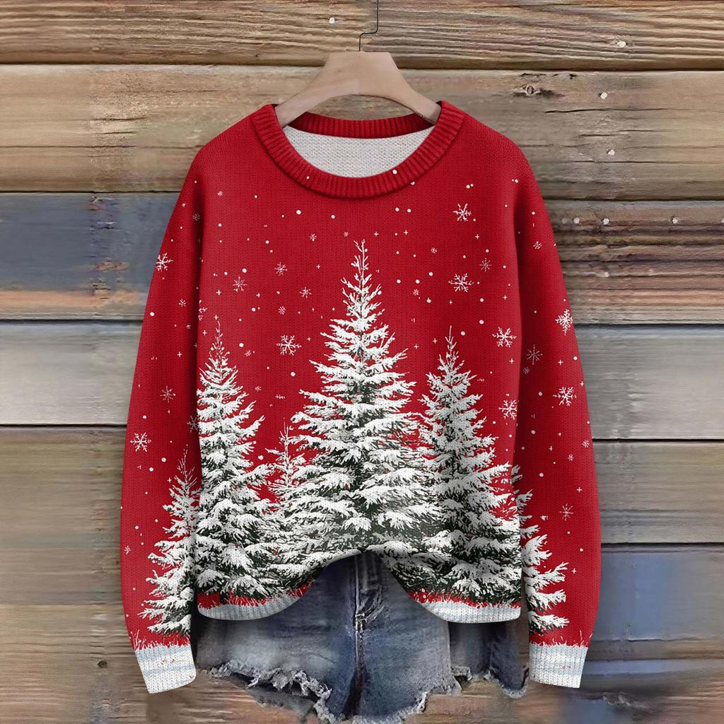 Long Sleeve Pullover Sweaters For Women O Neck Casual Cute Printing Knit Oversized Sweater