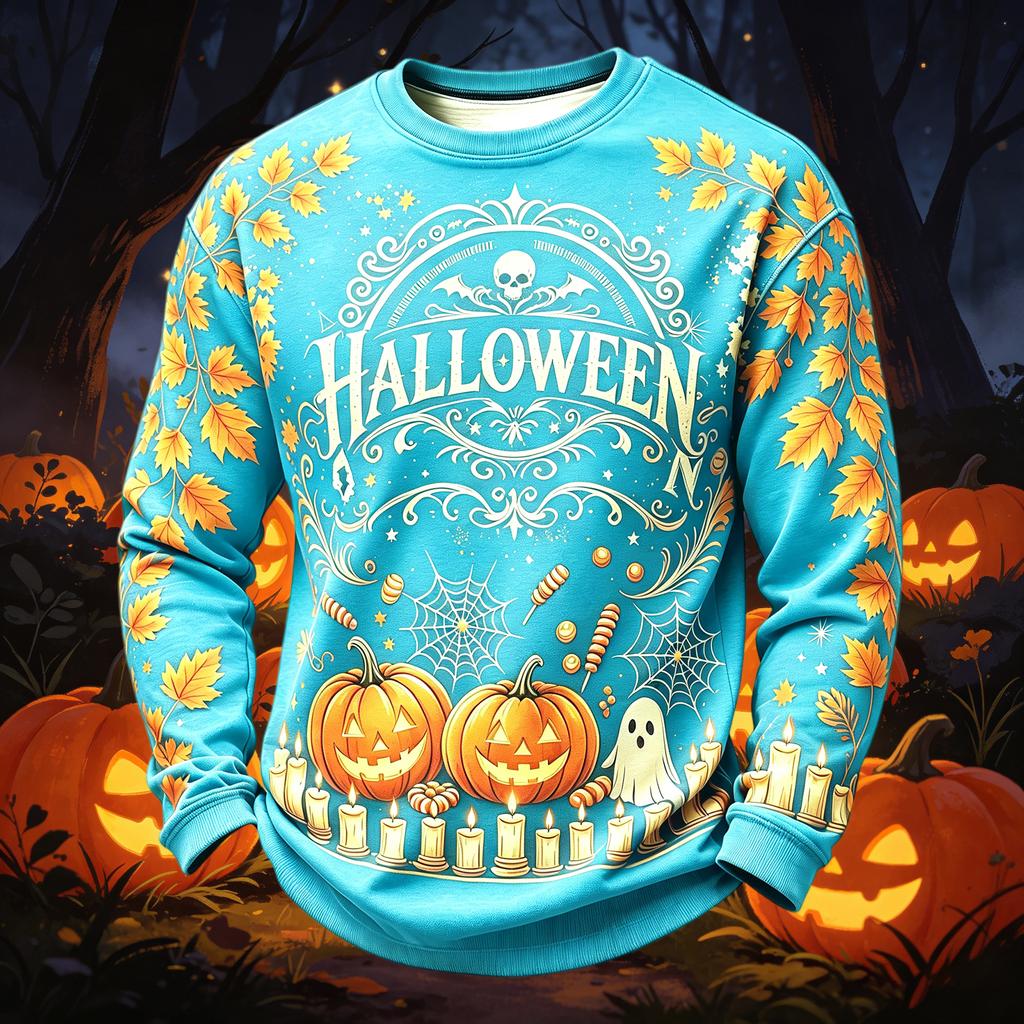 Men's Casual Round Neck Long Sleeve Top with Halloween Print