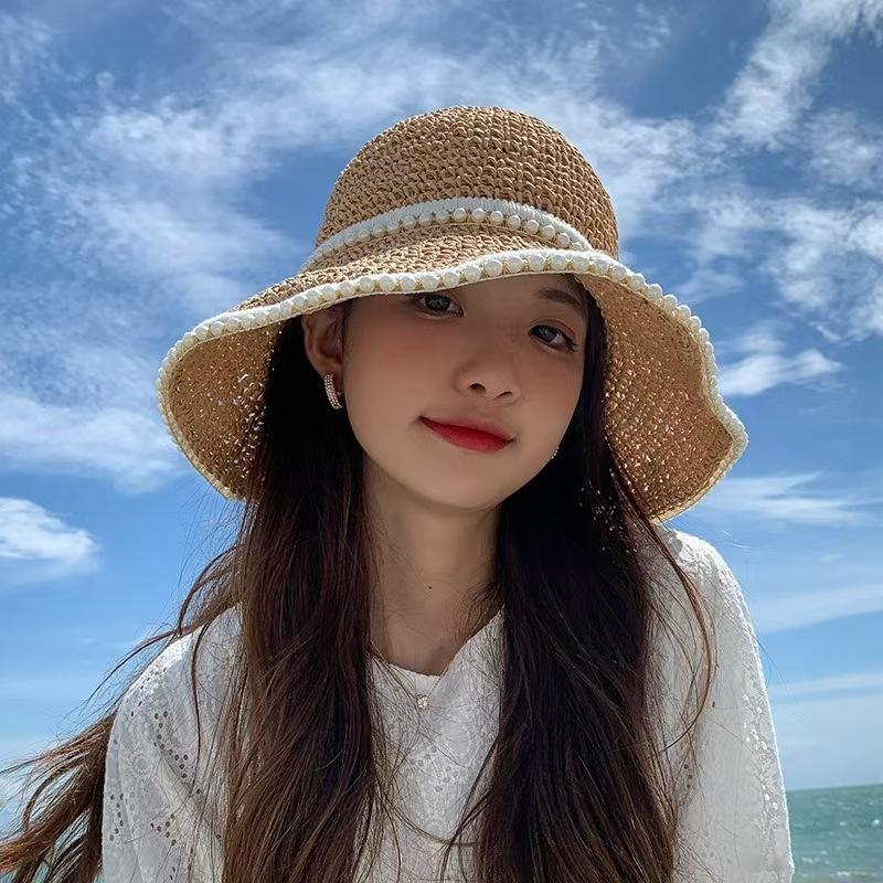 Sweet bow embroidered straw hat women's seaside vacation fisherman's hat children's summer hollow breathable straw visor