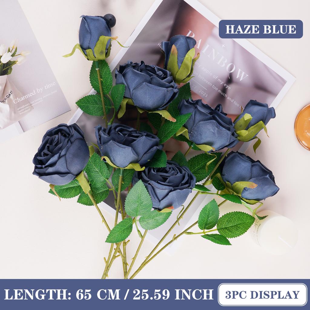 65cm 3 Heads Artificial Rose Flower Bouquet Realistic Silk Flowers Home Party Wedding Table Decor Autumn Floral Decoration