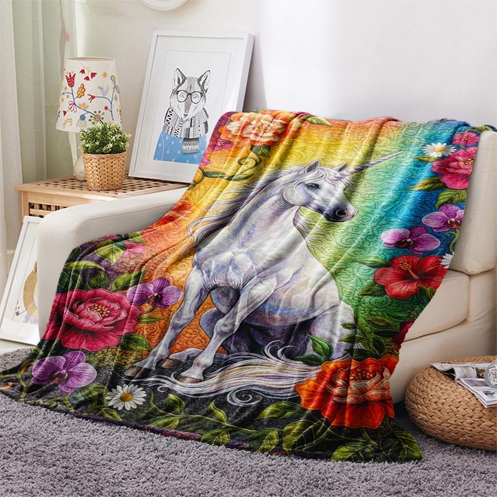 1PC Rainbow Unicorn Art Print FlAannel Blanket, High quality Comfortable for All Seasons, Home Decor, Warmth and Comfort