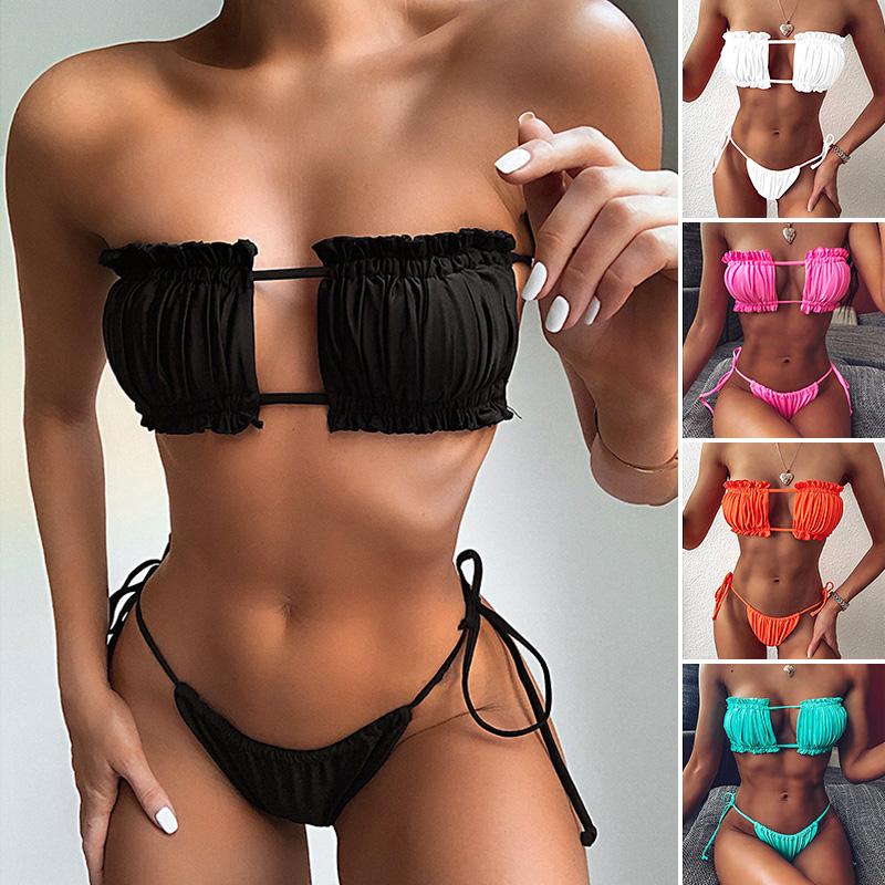 

Женский купальник плиссированный бандо мини стринги бикини пляжная одежда купальник из двух частей купальный костюм S