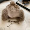 Retro hairball strap knitted hat women's winter warm wool hat showing a small face and cold-proof ear protection bag head hat