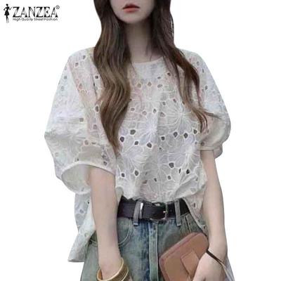 Blusa Estiva Casual da Donna a Manica Corta con Crochet Vuoto