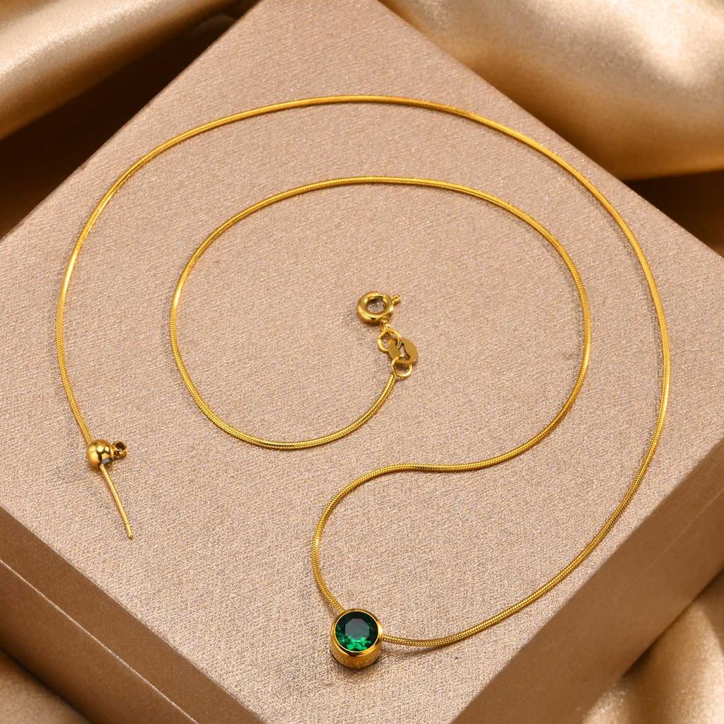 Birthstone Necklace Sliding Cubic Zirconia Pendant For Women,18k Gold Plated Stainless Steel Adjustable Jewelry