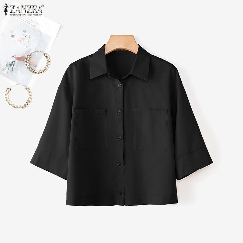 ZANZEA Womens 3/4 Sleeve Lapel Button Down Loose Cropped Shirt Blouse