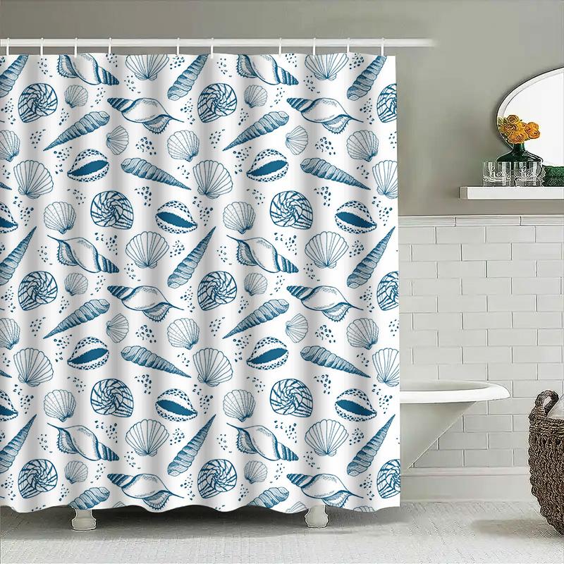 Sea Shell Shower Curtain Bath Decor Blue White Marine Printed Polyester Waterproof Bathroom Rug Mat Cover