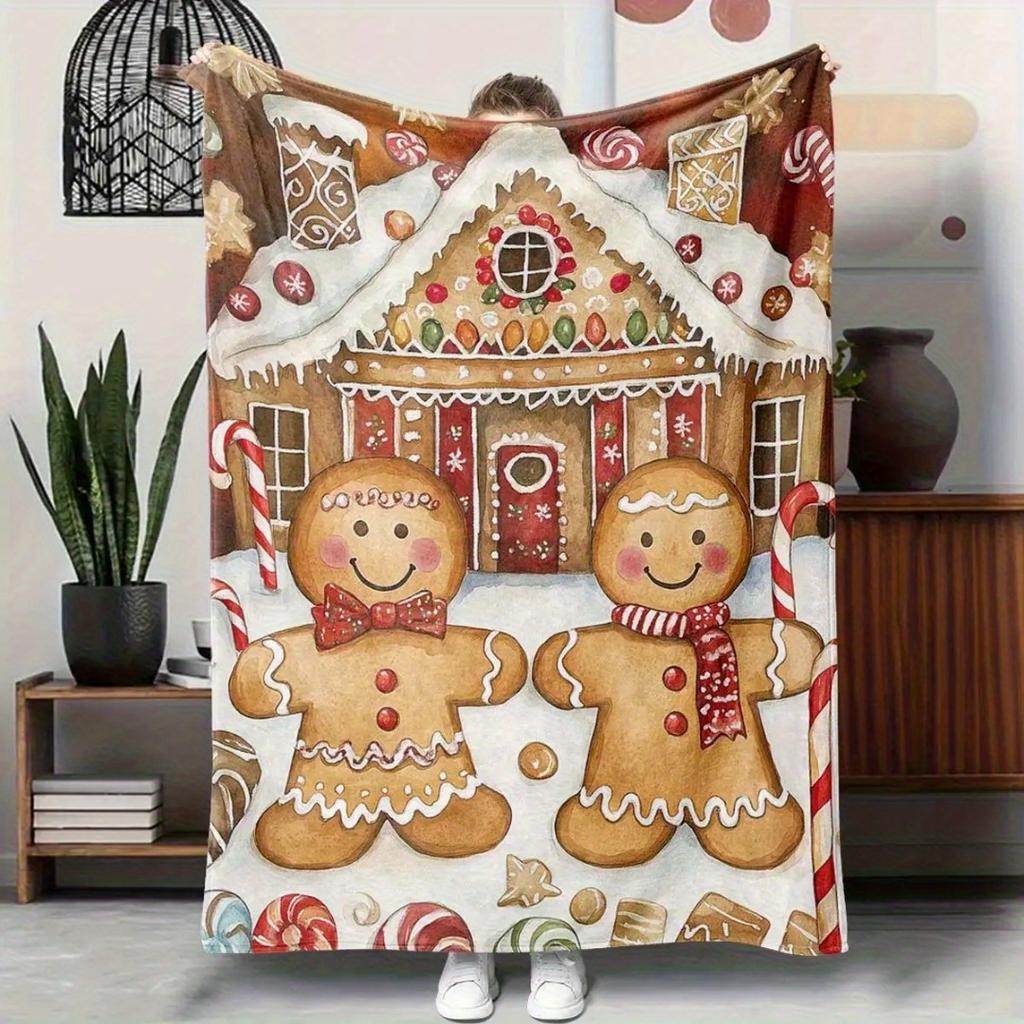 1pc Yellow Christmas Blanket Gingerbread Man House Printed Skin-Friendly Soft Blanket New for Gift Christmas Decoration