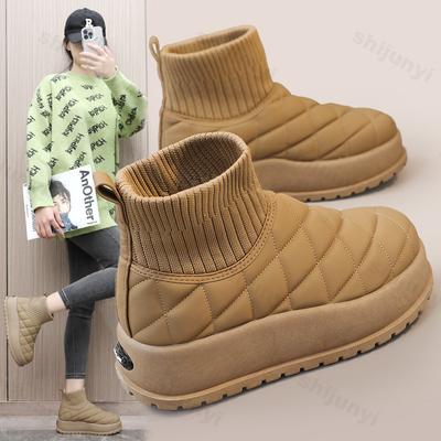Fashion Warm Ankle Boots Winter Women's Fashion Plaid Warmth Plush Cotton Shoes 2024 New Waterproof Down Cloth Short Barrel Snow Boots