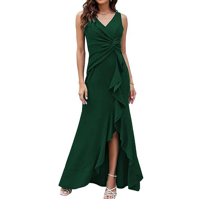 Sexy Slit Ruffled Sleeveless Evening Women's Dresses Fashionable V Neck Slim Pleated Elegant Female Maxi Long Dress