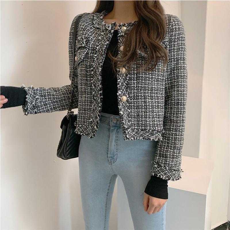 

Кардиган куртка женская осень новая мешковина маленький парфюм дизайн Sense Niche твид короткая одежда топы удобные универсальные и модные XL чёрный