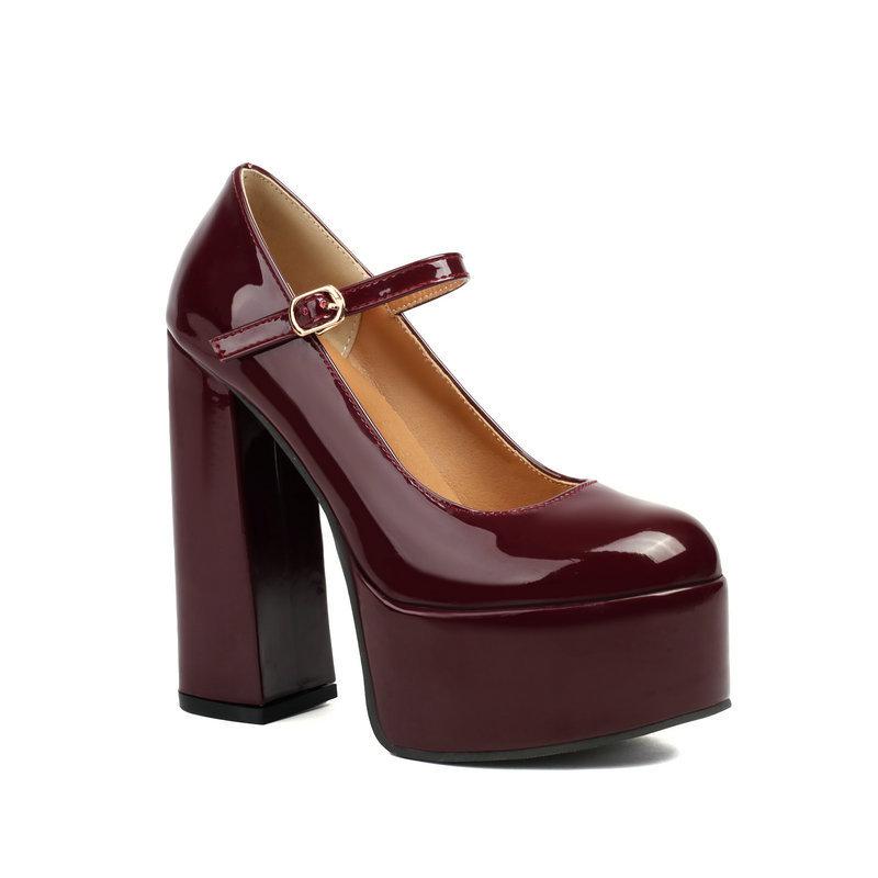 One-word women's high heels patent leather round head waterproof platform thick-soled thick heel super high heel Mary Jane women's single shoes high