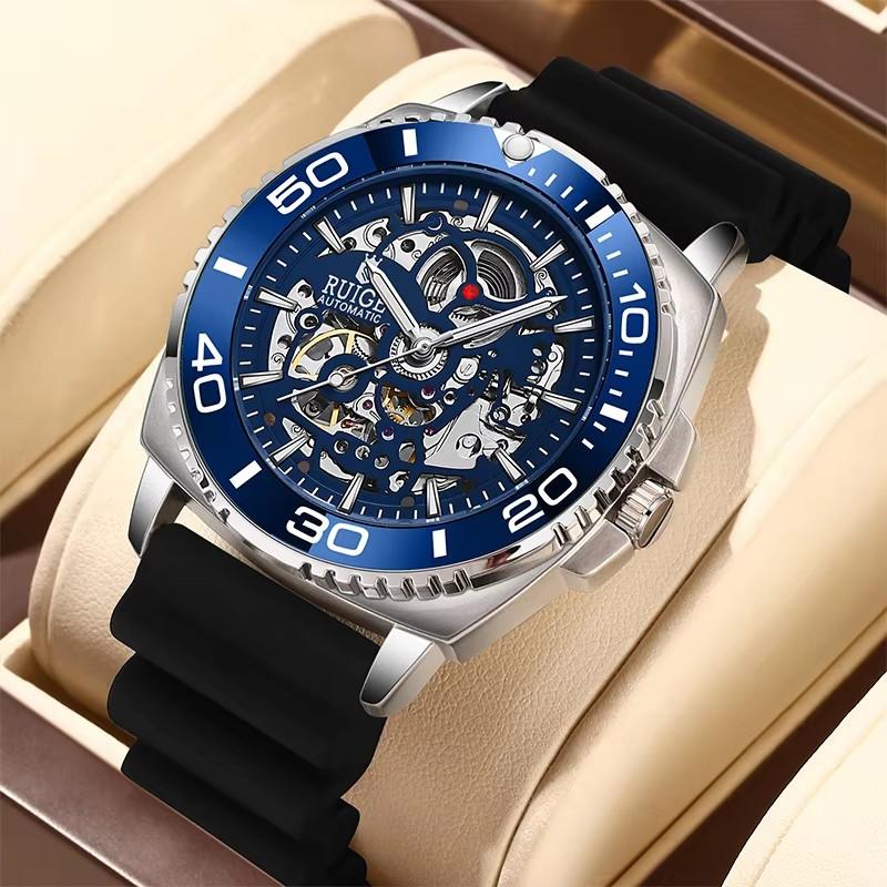 

Модные мужские полностью автоматические часы с полым циферблатом, ремешок из нержавеющей стали/силикона, механический механизм, люминесцентные бизнес-часы-скелетоны silicone strap чёрный/синий