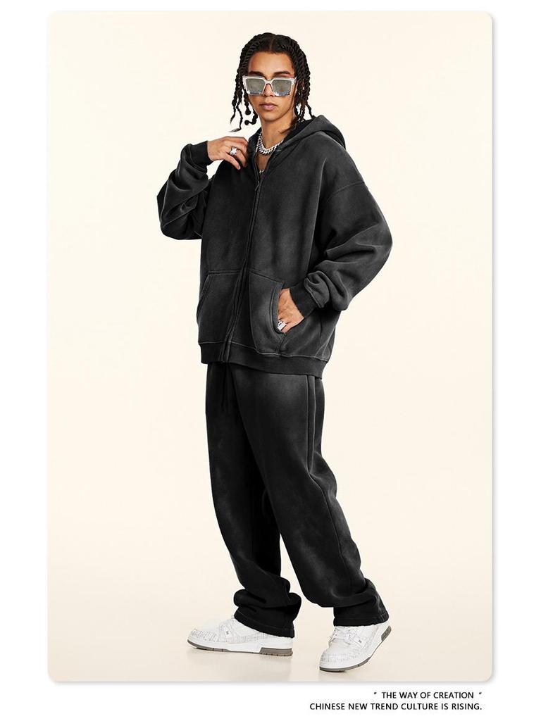 BE Winter 2025 Men's American Trend Plus Velvet Hooded Sweatshirt & Straight Casual Pants Two-Piece Set