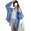 Korean Retro Striped Women's Blue Sun Protection Hooded Shirt Jacket for Summer 2025