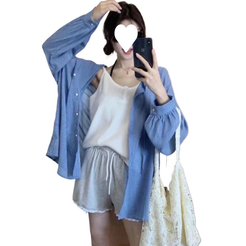 Korean Retro Striped Women's Blue Sun Protection Hooded Shirt Jacket for Summer 2025