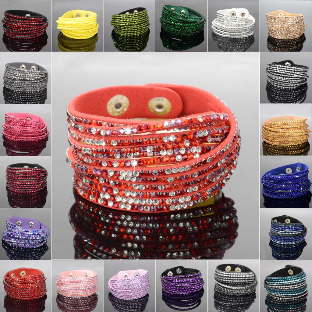 Bracciale multistrato in corda di cuoio con diamanti completi fatto a mano alla moda, bracciale con diamanti colorati alla moda