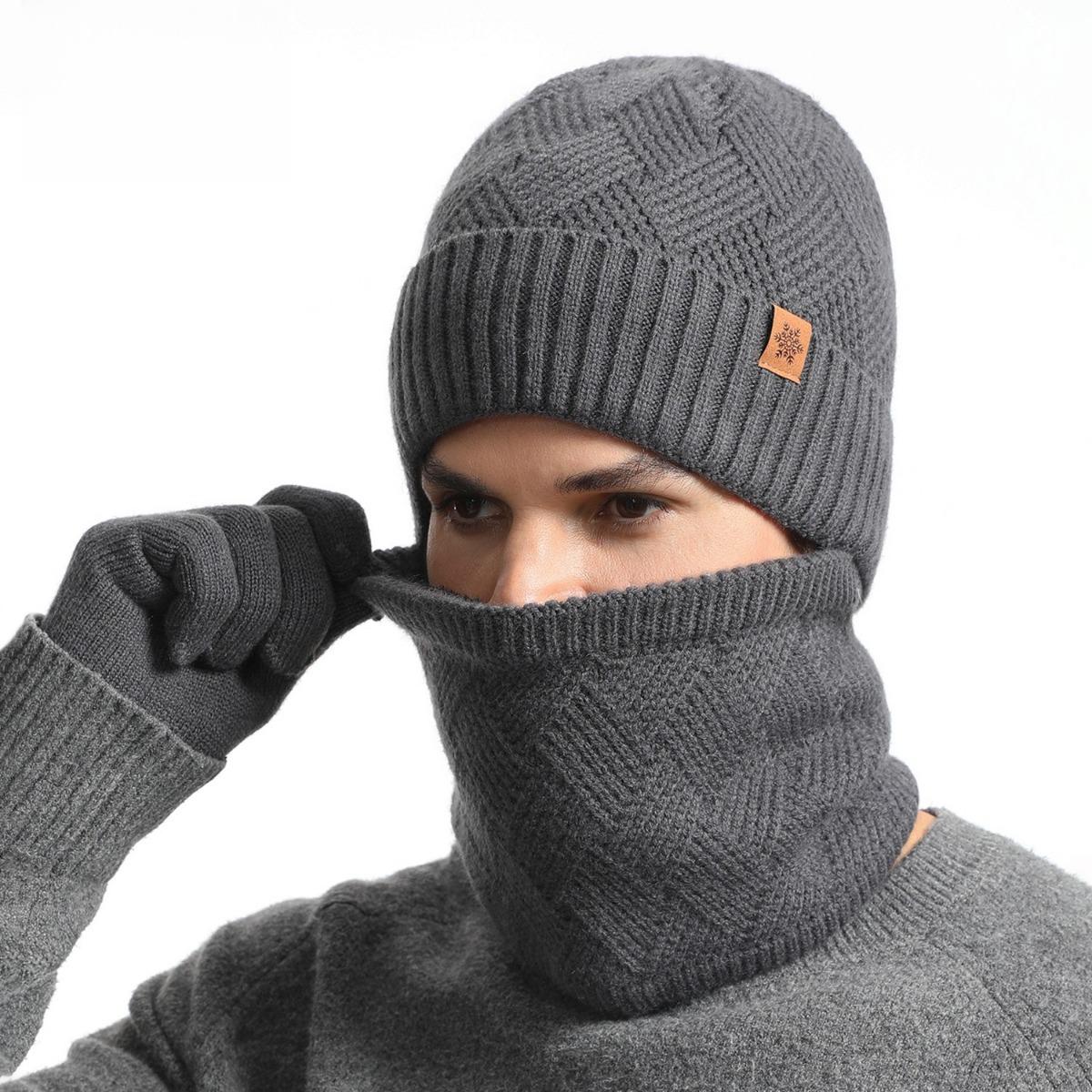 

Мужской, Вязаная шапка, Холодная шапка, Вязаная шея, Бархатные перчатки, Утепленный, Двухслойная шея, Перчатки, Шапка, Набор из трех предметов темно-серого