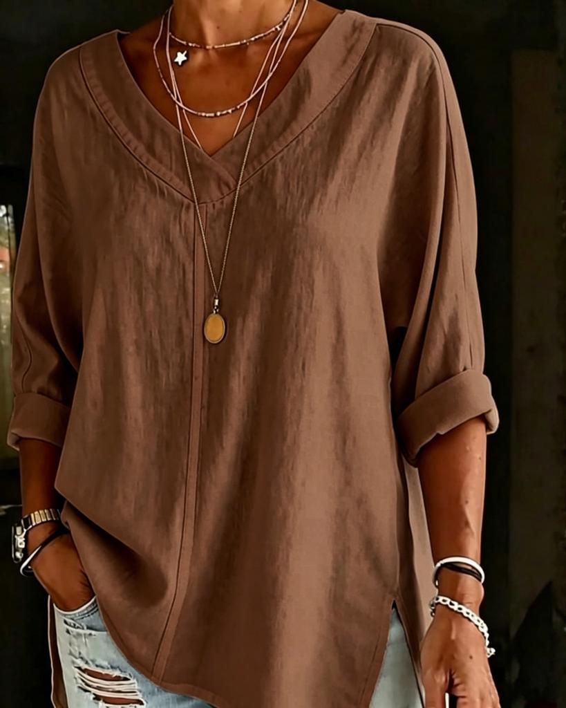 2026 Amazon European and American Cross-border Women's Clothing Street Fashion Solid Color V-neck Loose Top Long Sleeve Cotton and Linen Shirt