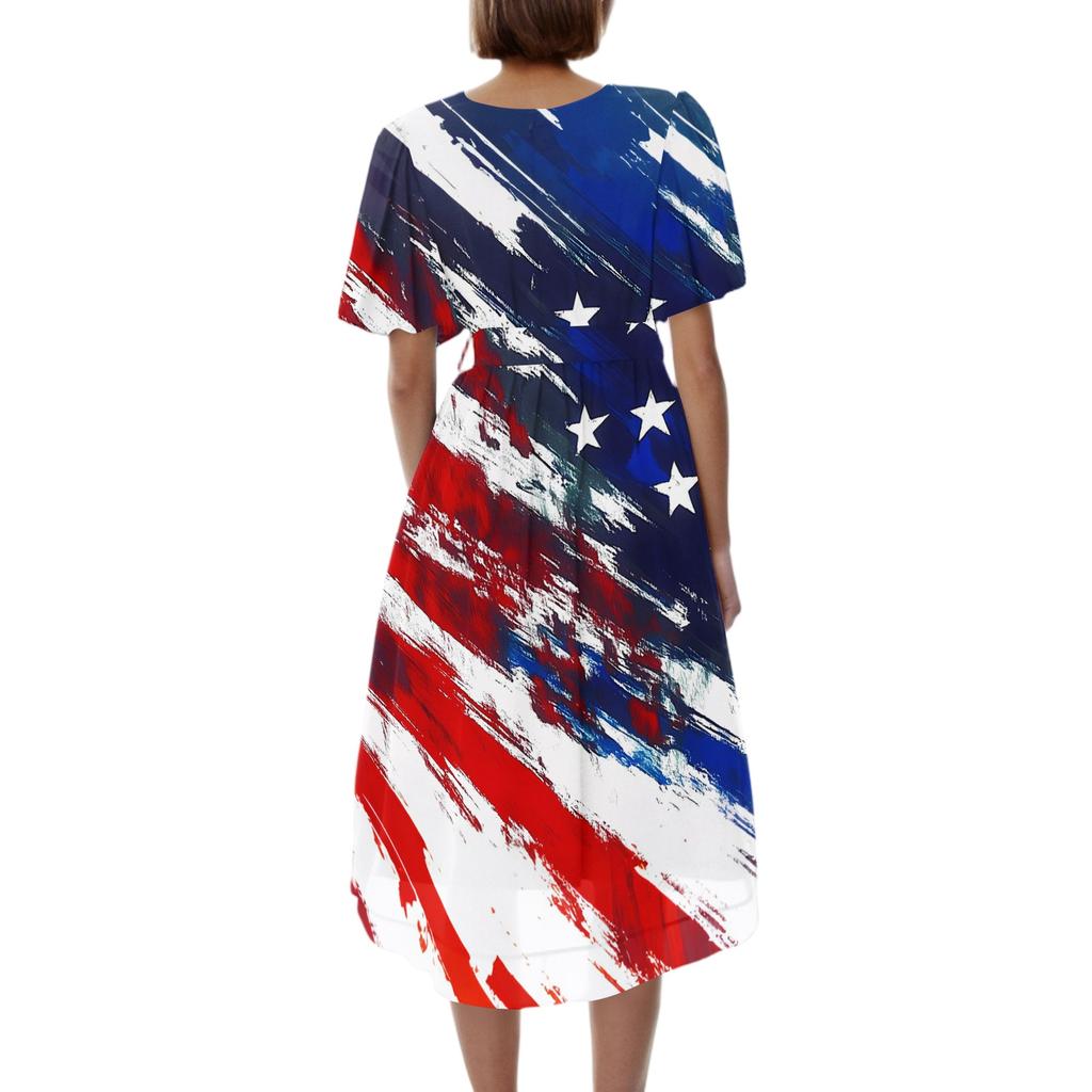 Women's Casual V-Neck Short-Sleeve Independence Day Print Dress