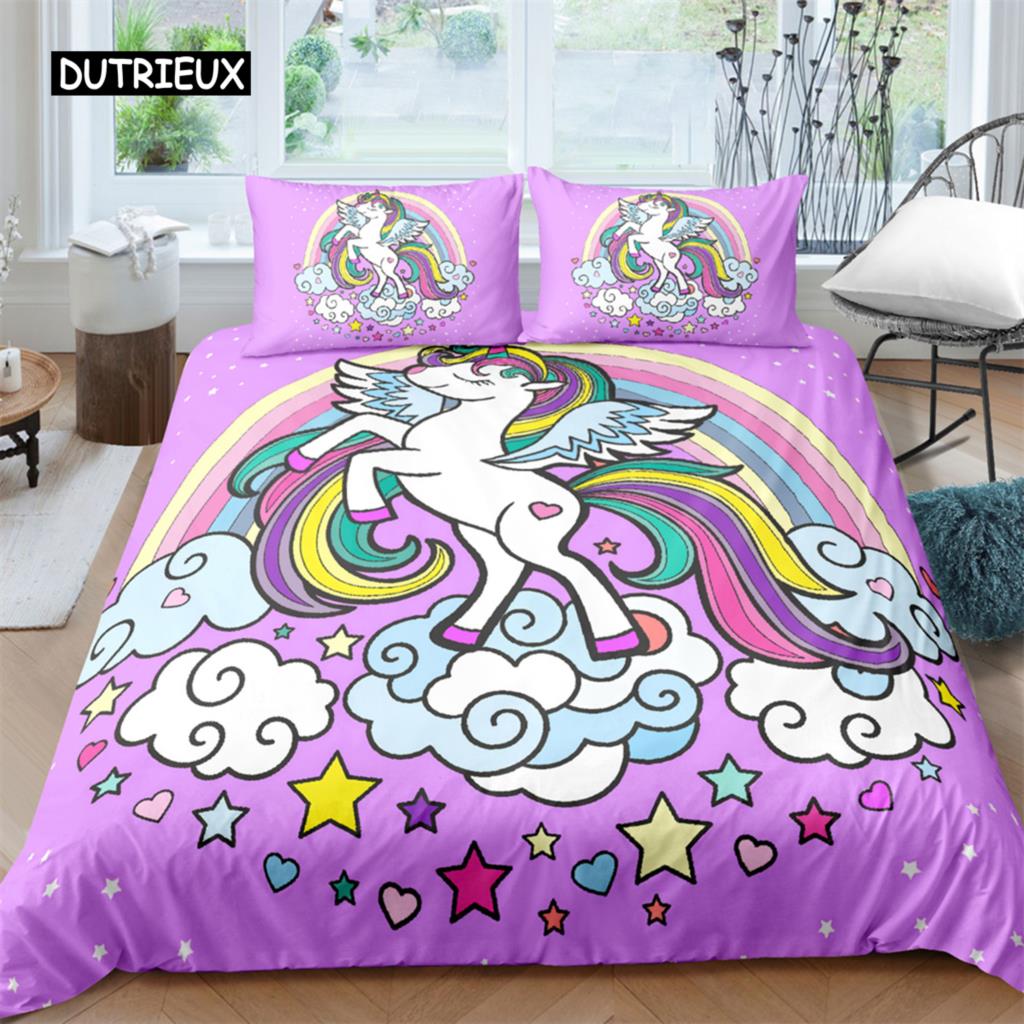 Husă de plapumă Rege Regină Unicorn Desen animat Animal Curcubeu Univers Set de lenjerie de pat pentru copii Adolescenți Cosmic Cer înstelat Poliester Husă de plapumă