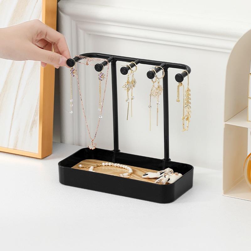 Jewelry Organizer Stand for Necklace Earring Bracelet, Makeup Table Accessories Holder with Wood Tray, Desktop Storage Rack