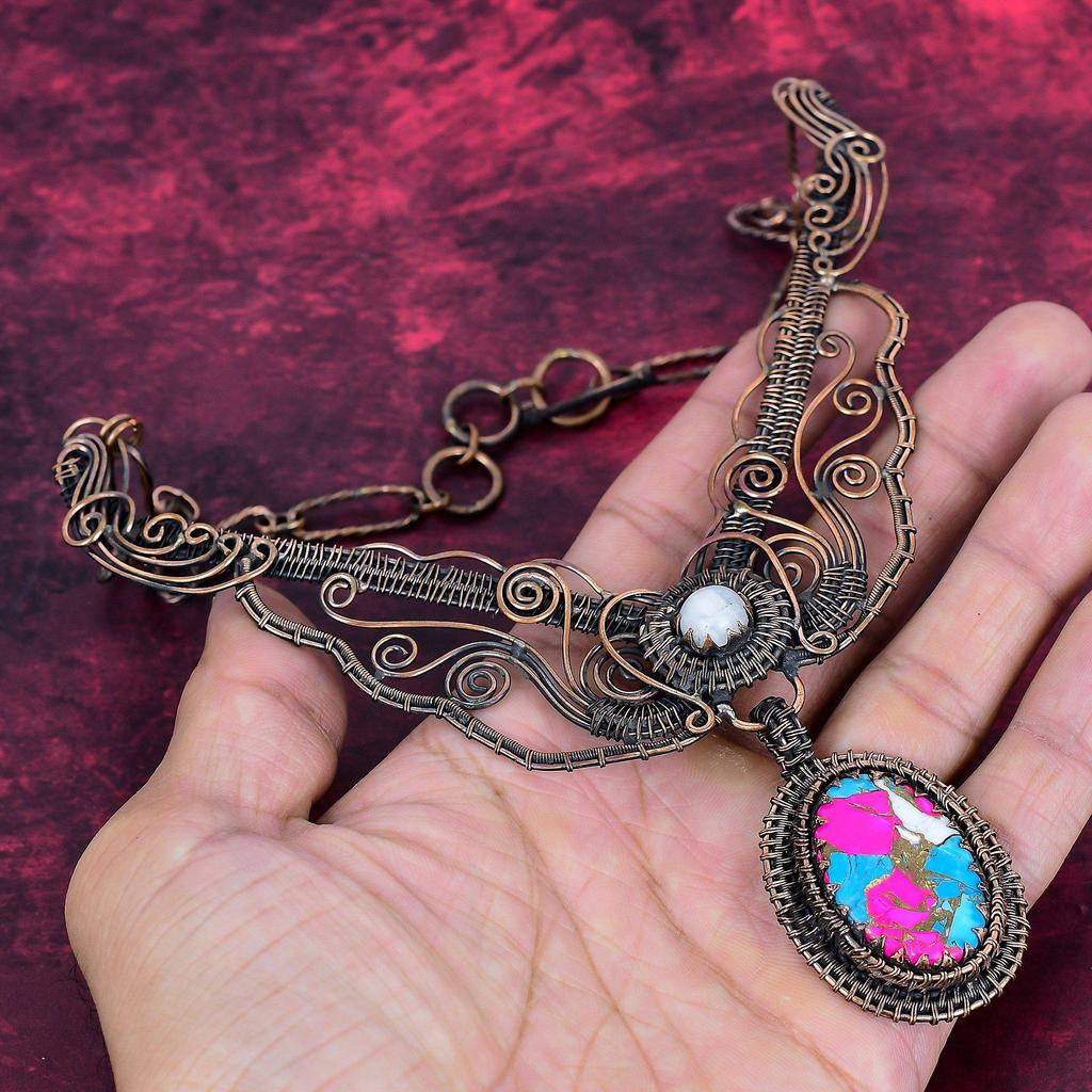 Colar Turquesa Algodão Doce Joias de Pedra da Lua Arco-Íris Colar Ajustável Enrolado em Fio de Cobre