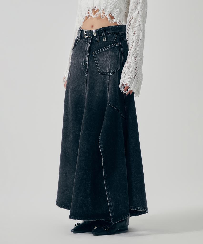 Teulimingbeodeu Panel Line Denim Flare Skirt [ Black ]