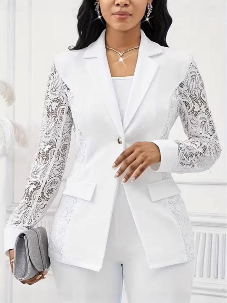 Damen Ein-Knopf Spitze Langarm Patchwork Unifarben Anzugjacke