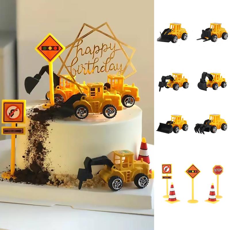Construction Vehicle Cake Toppers: Excavator, Bulldozer, Roadblock Inserts, Figurines for Boys' Birthday