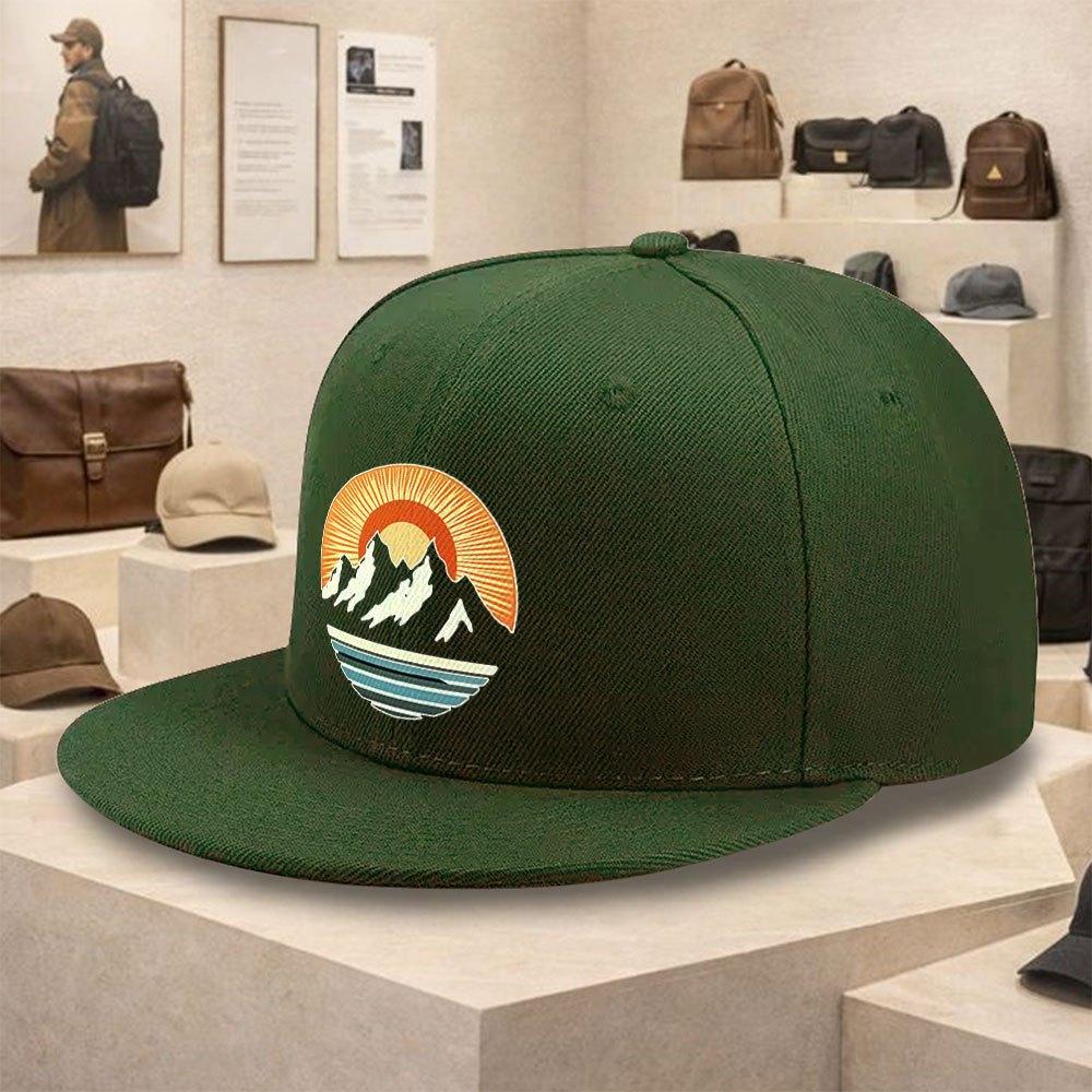 Mountain Sunset Graphic Polyester Baseball Cap Unisex Outdoor Adventure Flat Brim Snapback Hat