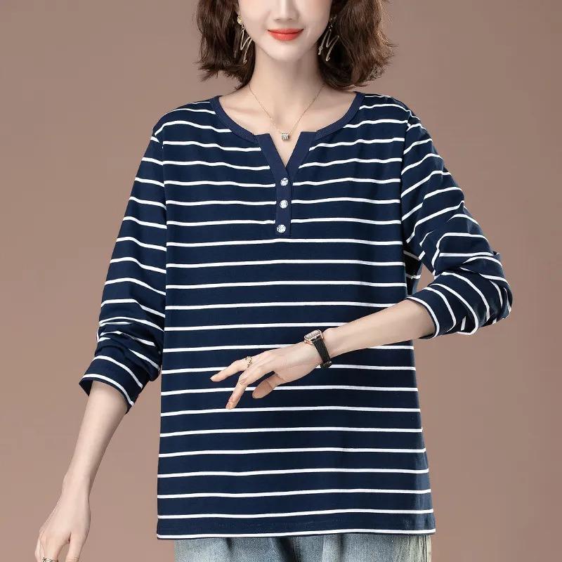 Полосатая базовая рубашка для женщин, весна и осень, новый стиль, больших размеров, свободная, хлопковая, с длинным рукавом, футболка L синий
