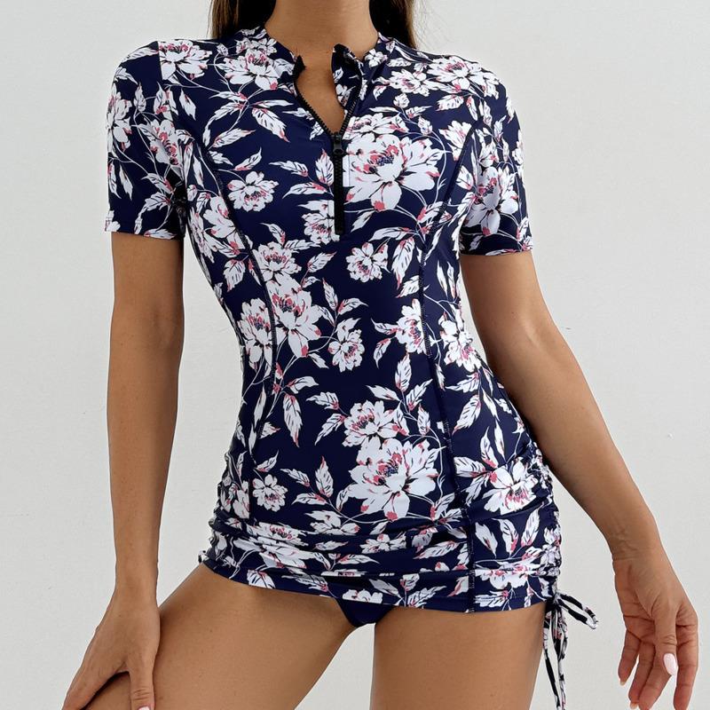 Floral Women Swimsuits Sun Protection Female Short Sleeves Swimwear Surfing Sports Pool Beachwear Two-Piece Bathing Suits 2026