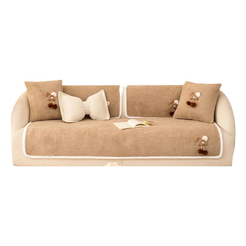 Lamb Wool Warm Sofa Cover Cloth Thickened Cartoon Teddy Bear Decoration Sofa Cushion Cover Anti Slip All Year Round Universal