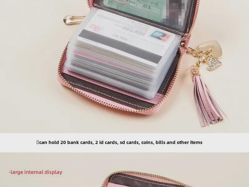 Women's RFID-Blocking Cowhide Card Holder with Zipper and Anti-Demagnetization for Credit Cards and Driver's License