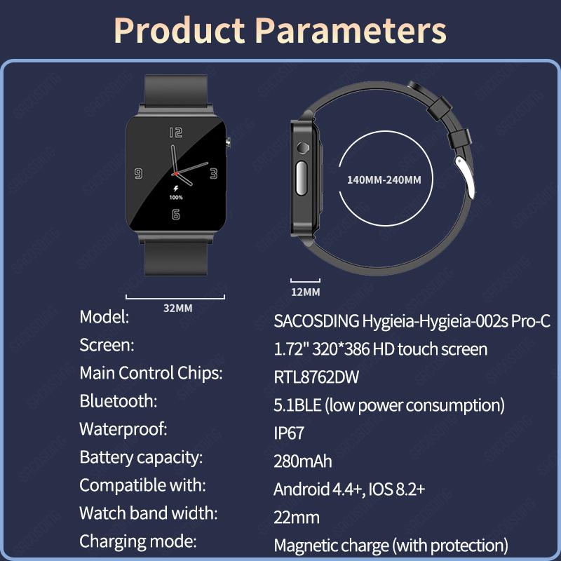 SACOSDING Hygieia-002s Pro-C Blood Pressure ECG+PPG Smart Watch Men Heart Rate Blood Oxygen Health Body Temperature Smartwatch Women
