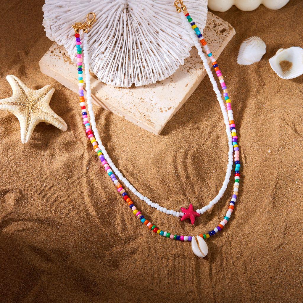Layer Beaded Necklace Boho Style Handmade Seed Bead Choker Necklace 2pcs Starfish Cowrie Shell, Stacking Beach Jewelry