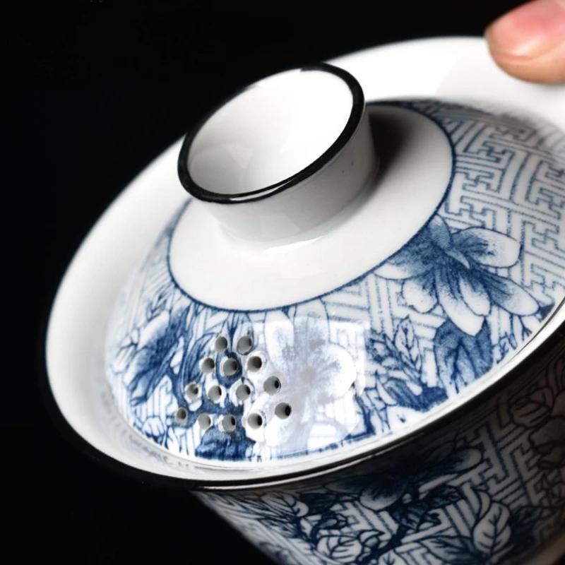 160ml Blue White Porcelain Gaiwan Handmade High Footed Ceramic Gongfu Teaware Portable for Travel Camping Tea