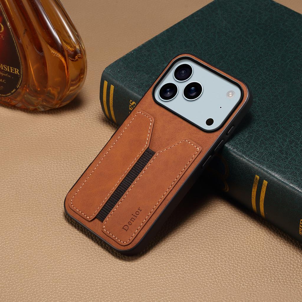 DENIOR For iPhone 17 Pro Max Case Elastic Card Holder PU Leather+TPU+PC Phone Cover