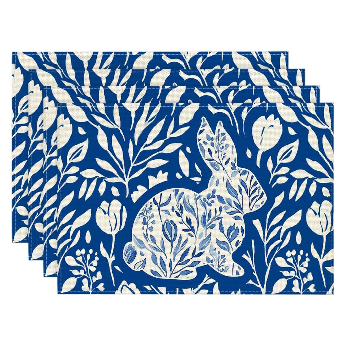 

4/6pcs Happy Easter Blue Bunny Rabbit Wild Weeds Placemats, Seasonal Spring Holiday Table Mats for Party Kitchen Dining Decorati 30x45cm-4PC